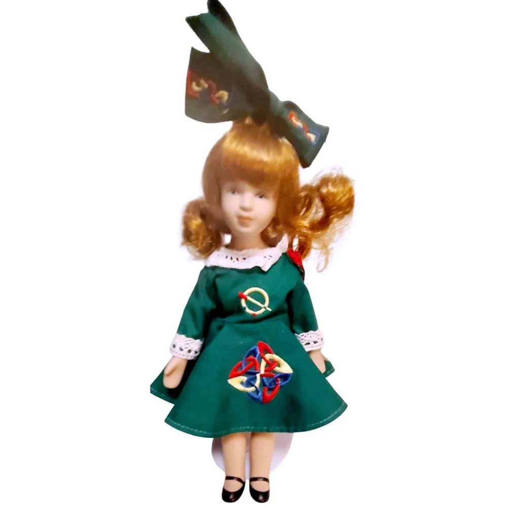 Vintage 90's Porcelain Irish Dancer Doll Red Hair Green Celtic Embroidered Dress